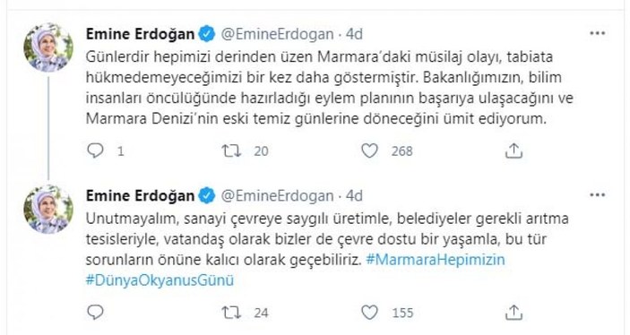Emine Erdoğan: Marmara Denizi'nin eski günlerine döneceğini ümit ediyorum