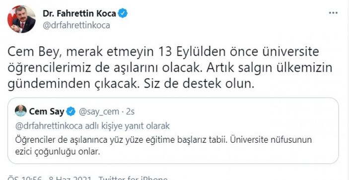 Fahrettin Koca: Üniversite öğrencilerimiz 13 Eylül'den önce aşılarını olacak