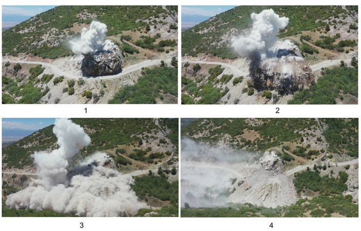 Denizli’de yol çalışmaları sırasında dev kaya dinamitle patlatıldı