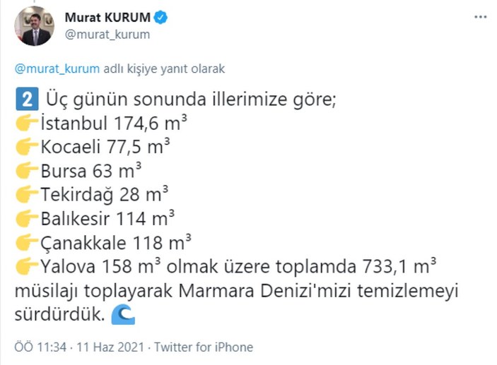 Murat Kurum: 733,1 metreküp müsilajı bertarafa gönderdik