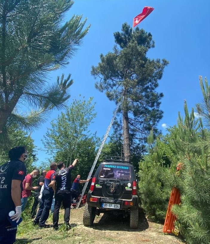 Düzce'de Türk bayrağını değiştirmek için ağaca çıktı, mahsur kaldı