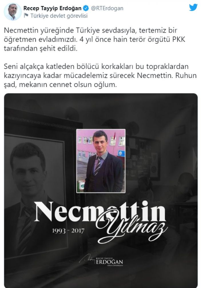 Cumhurbaşkanı Erdoğan, Necmettin Öğretmen'i andı