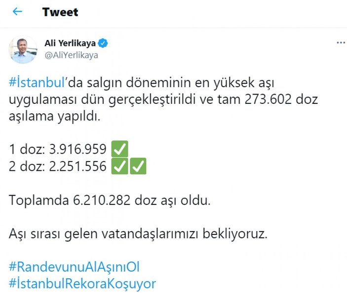 Ali Yerlikaya: İstanbul'da dün en yüksek aşı uygulaması gerçekleştirildi