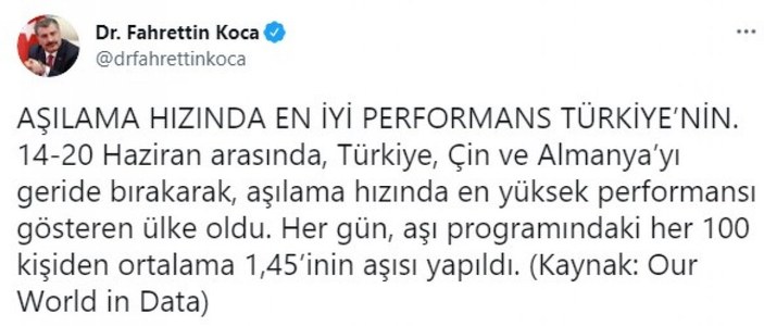 Fahrettin Koca: Aşılama hızında en iyi performans Türkiye'nin