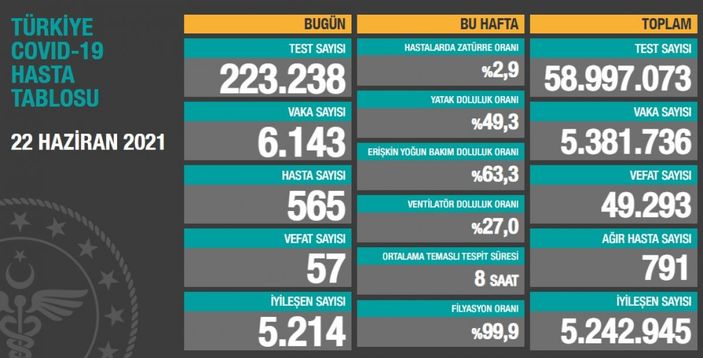 22 Haziran Türkiye'de koronavirüs tablosu