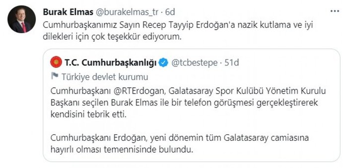 Cumhurbaşkanı Erdoğan'dan, Burak Elmas'a tebrik