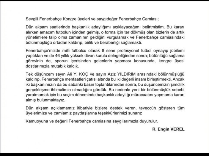 Fenerbahçe'de Engin Verel, aday olmayacağını açıkladı