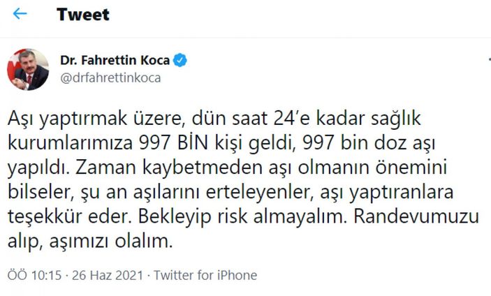 Fahrettin Koca: Dün kurumlarımıza aşı yaptırmak için 997 bin kişi geldi