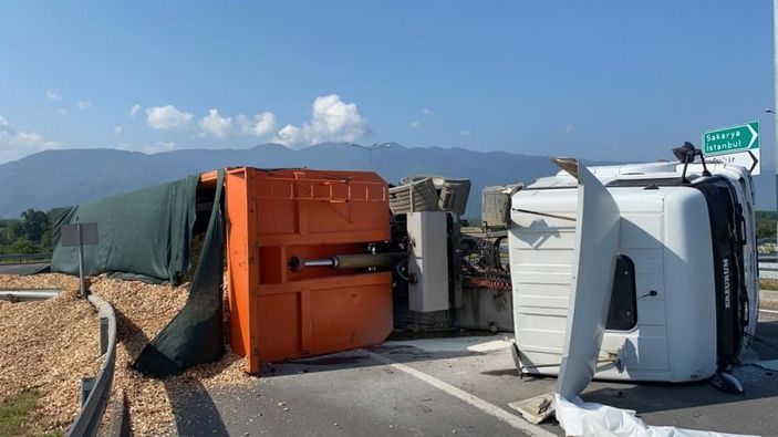 Düzce'de virajı alamayan tır devrildi
