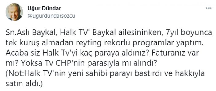 Uğur Dündar'ın Halk TV ile ilgili açıklamalarına Aslı Baykal'dan cevap