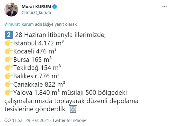 Murat Kurum: 21 günde 8 bin 405 metreküp müsilaj toplandı
