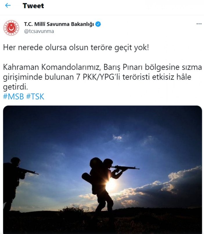 MSB: 7 PKK'lı terörist öldürüldü