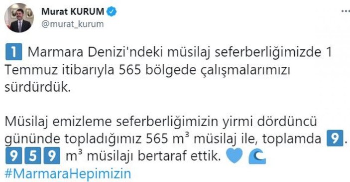 Murat Kurum: 9 bin 959 metreküp müsilajı bertaraf ettik