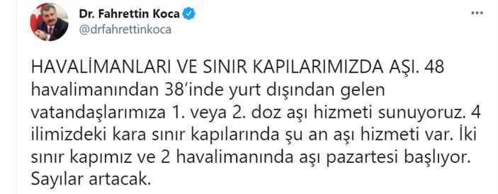 Fahrettin Koca: 2 sınır kapımız ve 2 havalimanında aşı pazartesi başlıyor