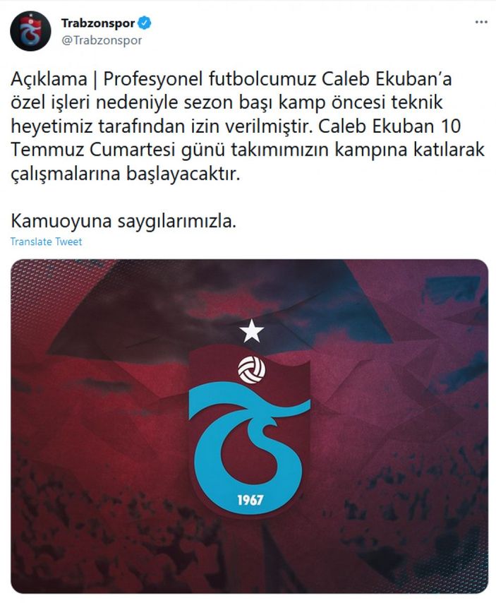 Trabzonspor'dan Ekuban açıklaması