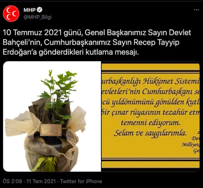 Devlet Bahçeli'den Cumhurbaşkanı Erdoğan'a yıl dönümü fidanı
