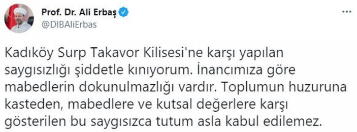 Ali Erbaş'tan, Kadıköy Surp Takavor Kilisesi'ne saygısızlığa tepki