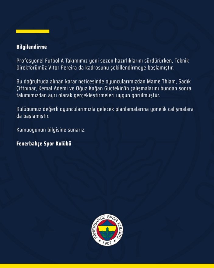 Fenerbahçe'de 4 futbolcu kadro dışı bırakıldı