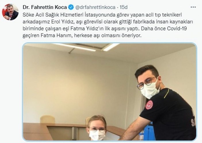 Aydın'da acil tıp teknikeri, eşinin aşısını kendisi yaptı