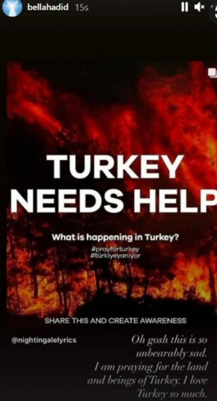 Bella Hadid'den Türkiye mesajı: Toprakları ve canlıları için dua ediyorum