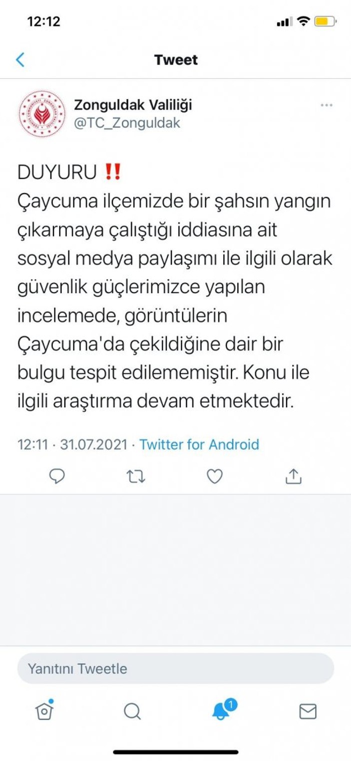 Zonguldak Valiliği’nden yangın videosuna ilişkin açıklama