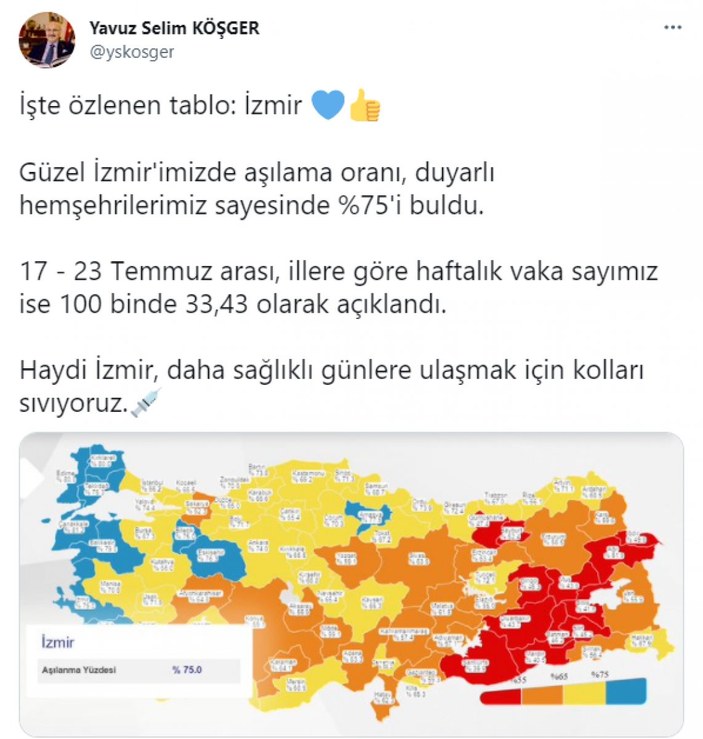 İzmir'in aşı haritasındaki rengi maviye döndü