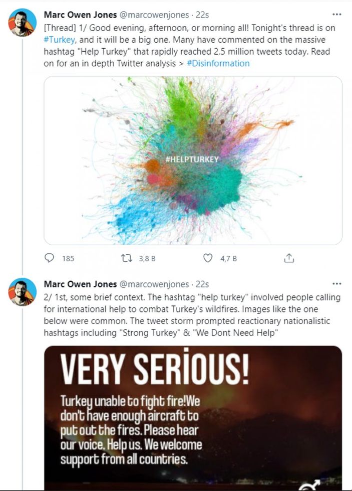 Dezenformasyo uzmanı Mark Owen Jones, 'Help Turkey' etiketini değerlendirdi