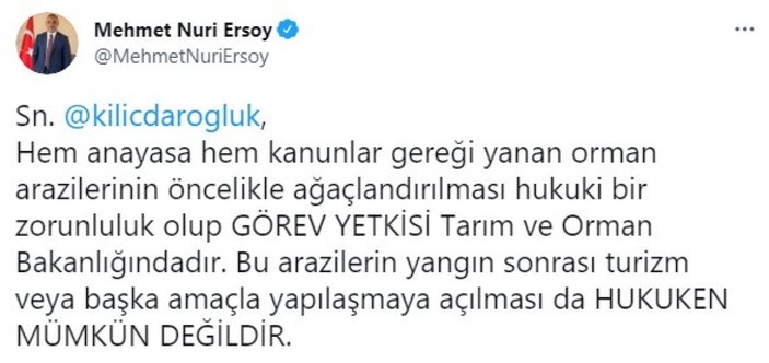Mehmet Nuri Ersoy'dan Kemal Kılıçdaroğlu'na yanan orman arazileri yanıtı