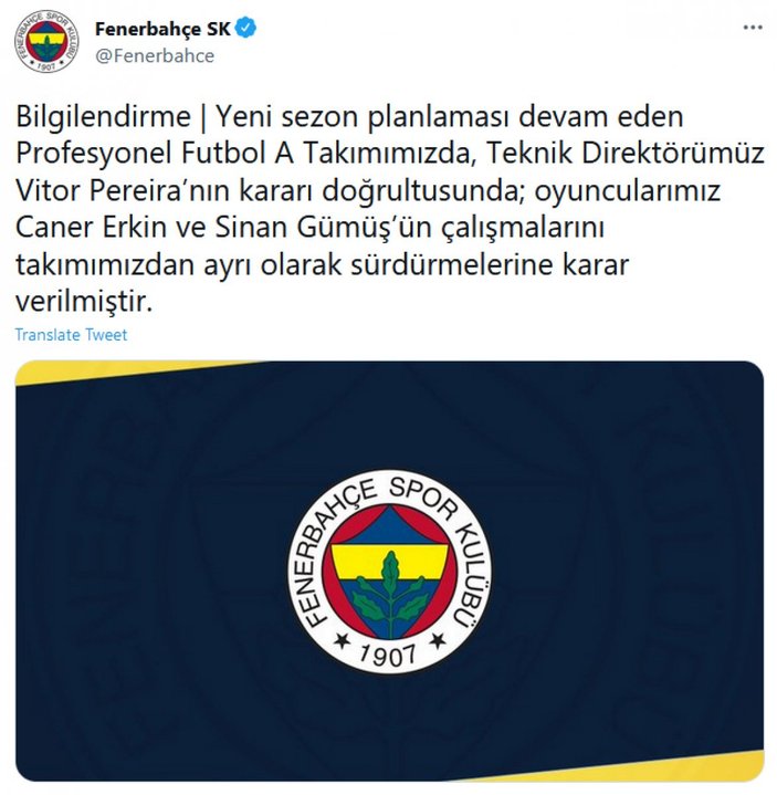 Fenerbahçe'de Sinan Gümüş ve Caner Erkin kadro dışı bırakıldı