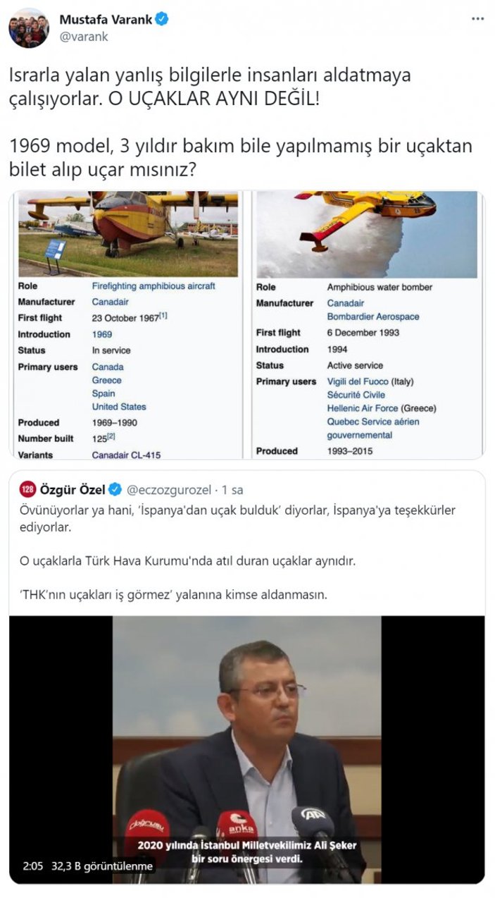 CHP'li Özgür Özel'in yangın söndürme uçağı iddiasına Mustafa Varank'tan yanıt