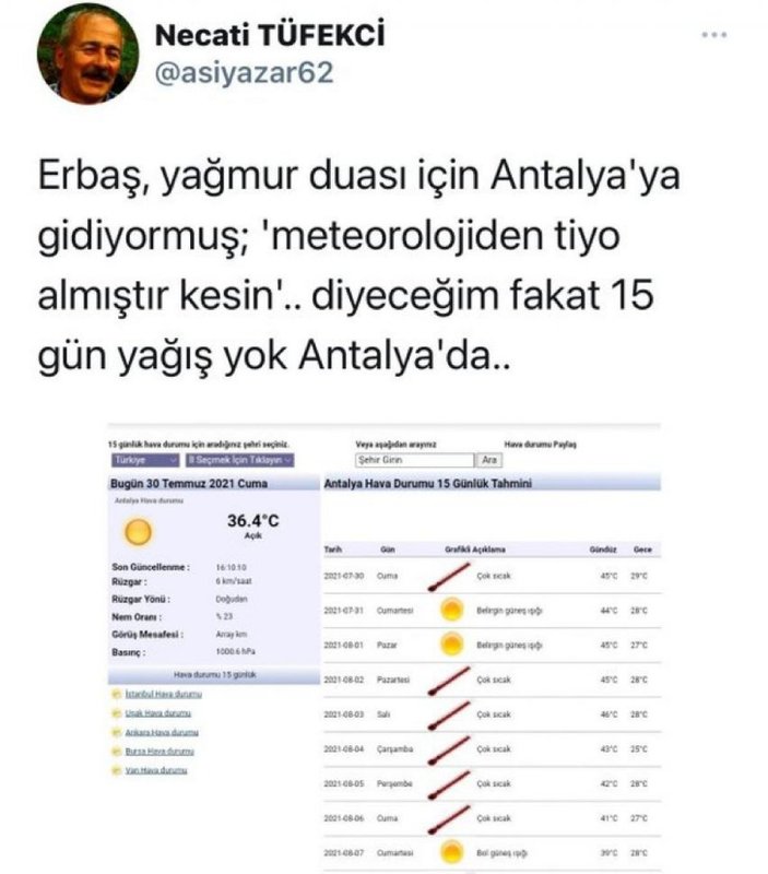 Antalya'ya yağan yağmur, Metin Uca'nın tweetini akıllara getirdi