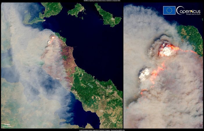 Eğriboz Adası'ndaki yangın uzaydan görüntülendi