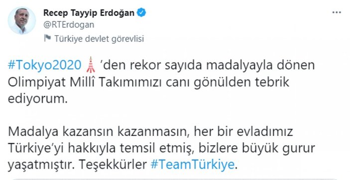 Cumhurbaşkanı Erdoğan: Olimpiyat Milli Takımımızı tebrik ederim