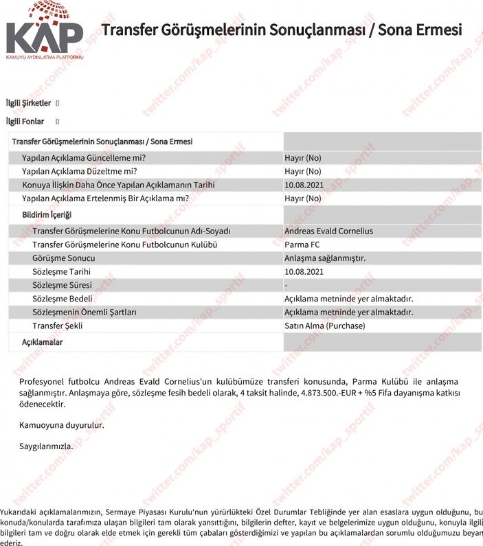 Trabzonspor, Cornelius'u KAP'a duyurdu