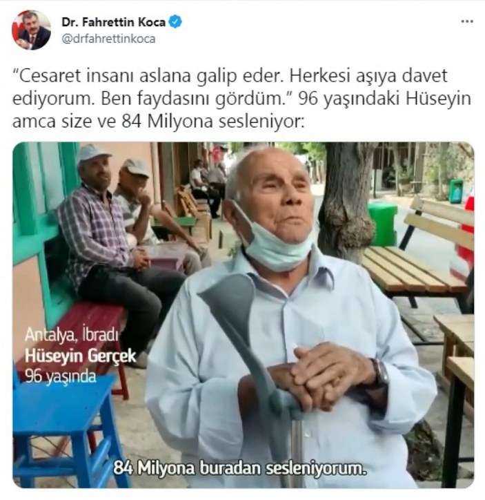 Antalya’da yaşayan 96 yaşındaki Hüseyin Amca’dan aşı çağrısı