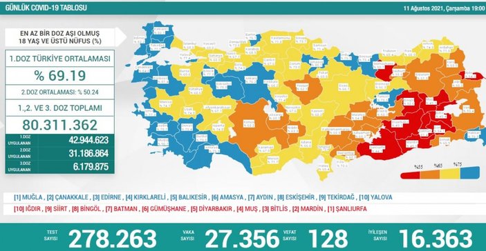 11 Ağustos Türkiye'de koronavirüs tablosu