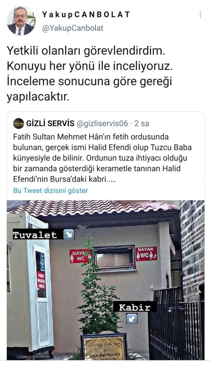 Bursa'da türbeyle tuvalet yan yana olunca tepki çekti