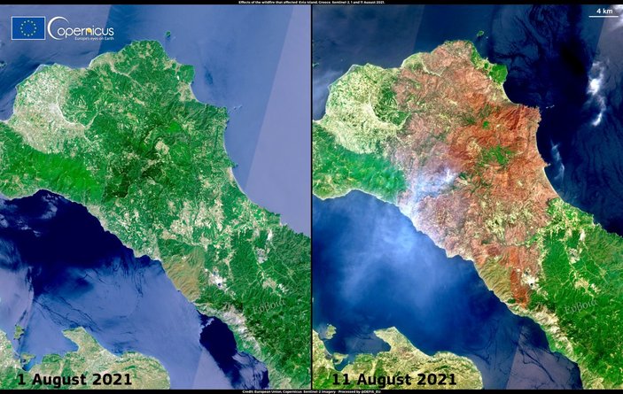 Yunanistan'ın Eğriboz Adası'nda yangın öncesi ve sonrası