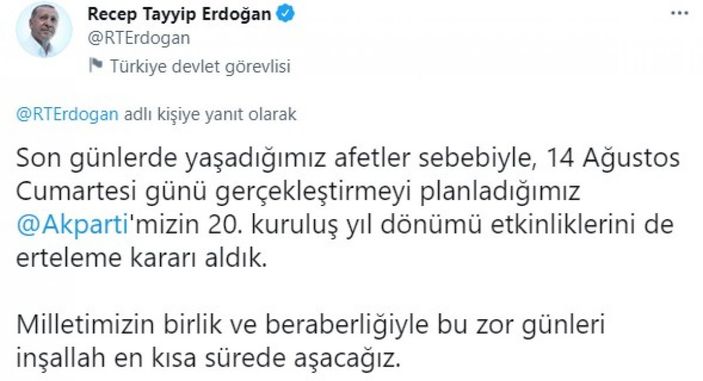 Ak Parti'nin 20. kuruluş yıl dönümü etkinlikleri ertelendi