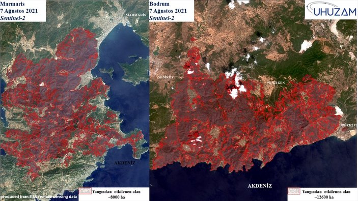 Akdeniz ve Ege'de yanan alanlar uzaydan görüntülendi