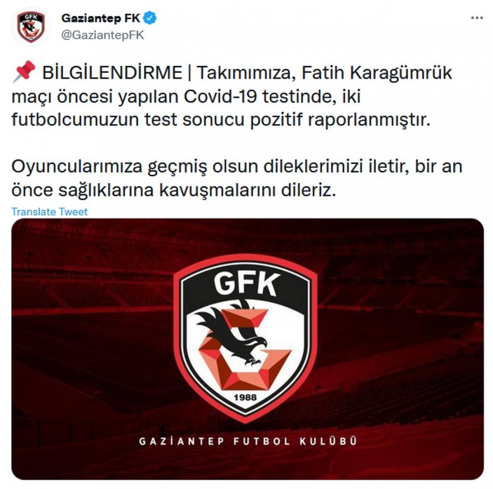 Gaziantep FK'da 2 futbolcunun testi pozitif