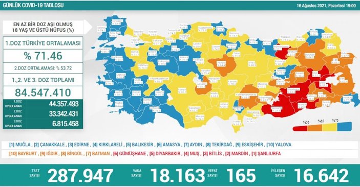 16 Ağustos Türkiye'de koronavirüs tablosu