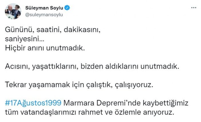 Süleyman Soylu'dan Marmara Depremi paylaşımı