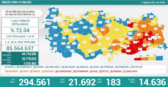 17 Ağustos Türkiye'de koronavirüs tablosu