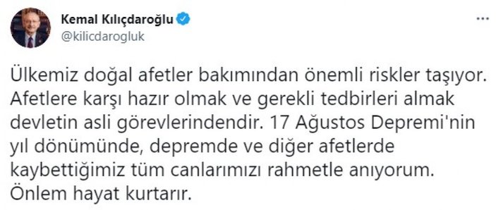 Kemal Kılıçdaroğlu, 17 Ağustos depreminde hayatını kaybedenleri andı