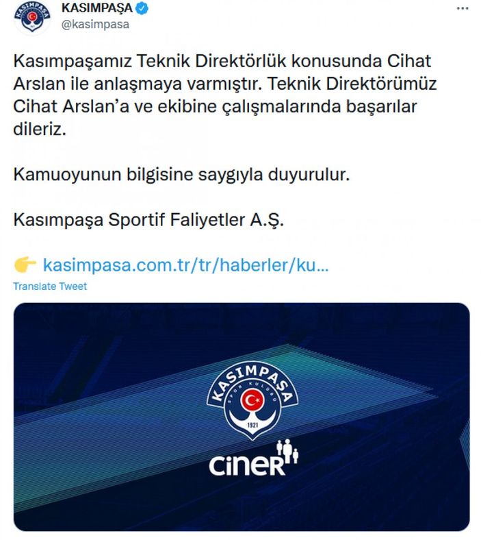 Kasımpaşa'da Cihat Arslan dönemi