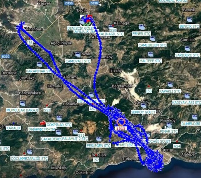 Yangın söndürme helikopterlerinin alevlere müdahalesini gösteren harita