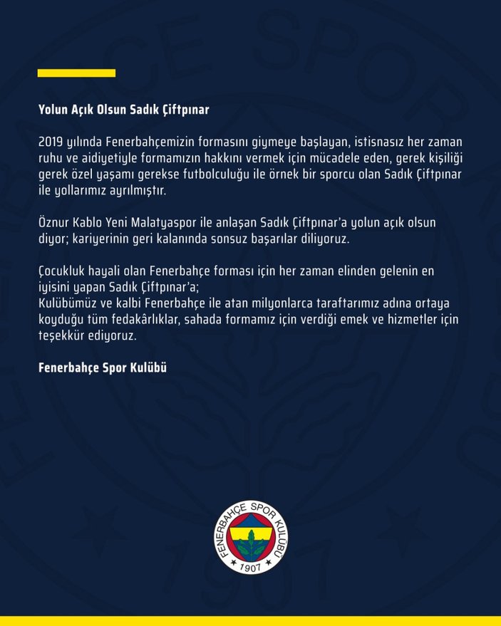 Fenerbahçe Sadık Çiftpınar'la yollarını ayırdı