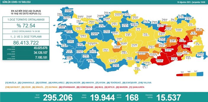 18 Ağustos Türkiye'de koronavirüs tablosu