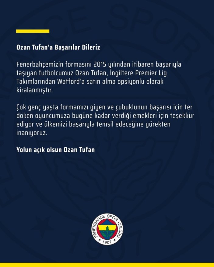 Fenerbahçe, Ozan Tufan'ın Watford'a kiralandığını açıkladı